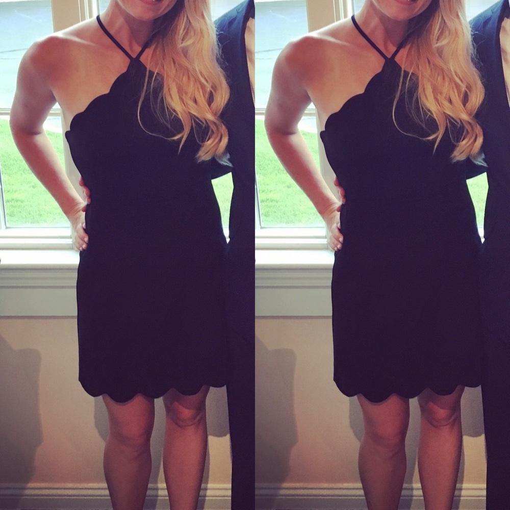 Lush scalloped hem open back little black dress